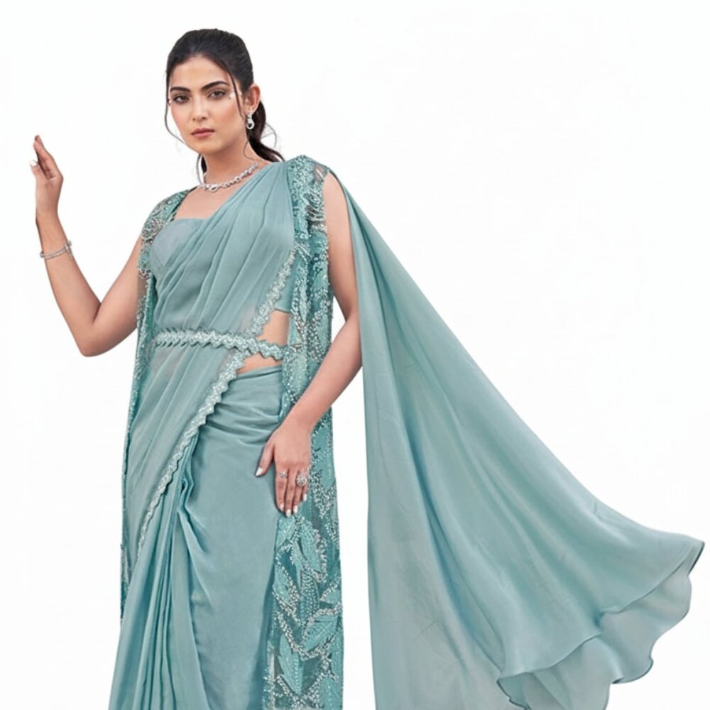 Elegant Women's Sea Green Embellished Satin Silk Saree - Ideal for Parties